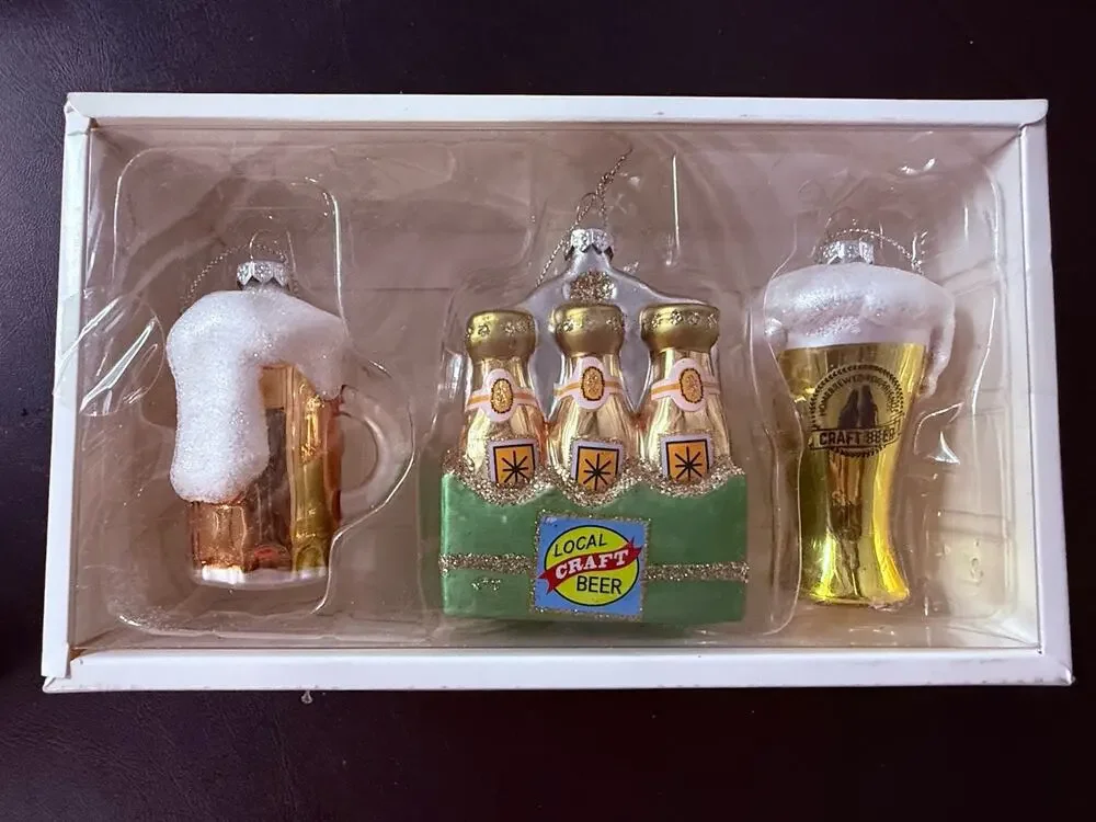 Glass Craft Beer Christmas Ornament Set Beer Mugs & Six Pack Boxed